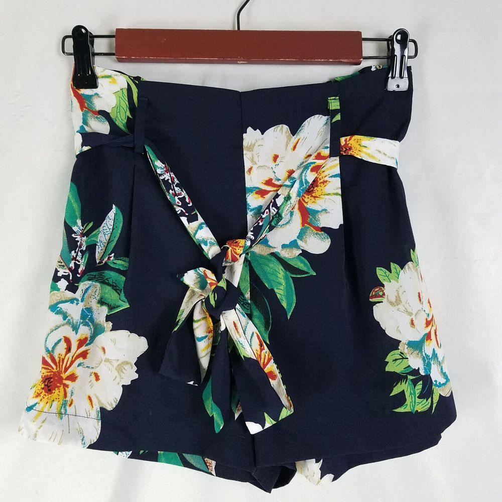 Womens Shorts XS Blue High Rise Floral Belted Semi Sheer Pleated Front‎